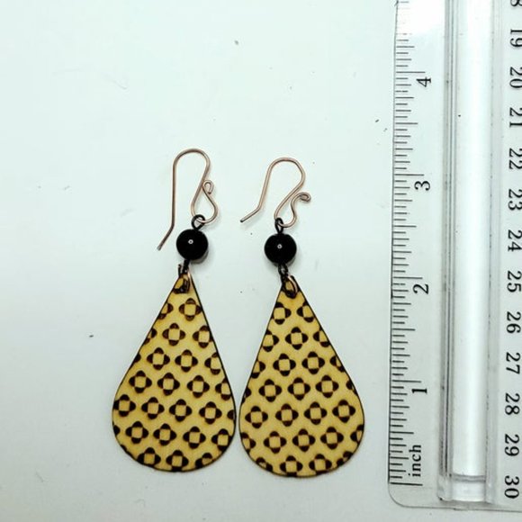 Handmade Wooden Teardrop intrigued Pattern Earrings with Plastic Beads and Wire - Picture 2 of 3
